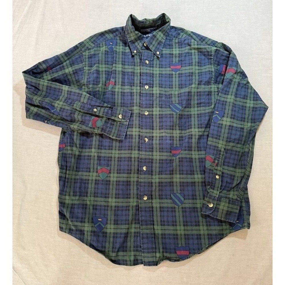 Vintage Nautica Plaid Button‎ Down Shirt Long Sleeve Crest Logo Casual Men's M